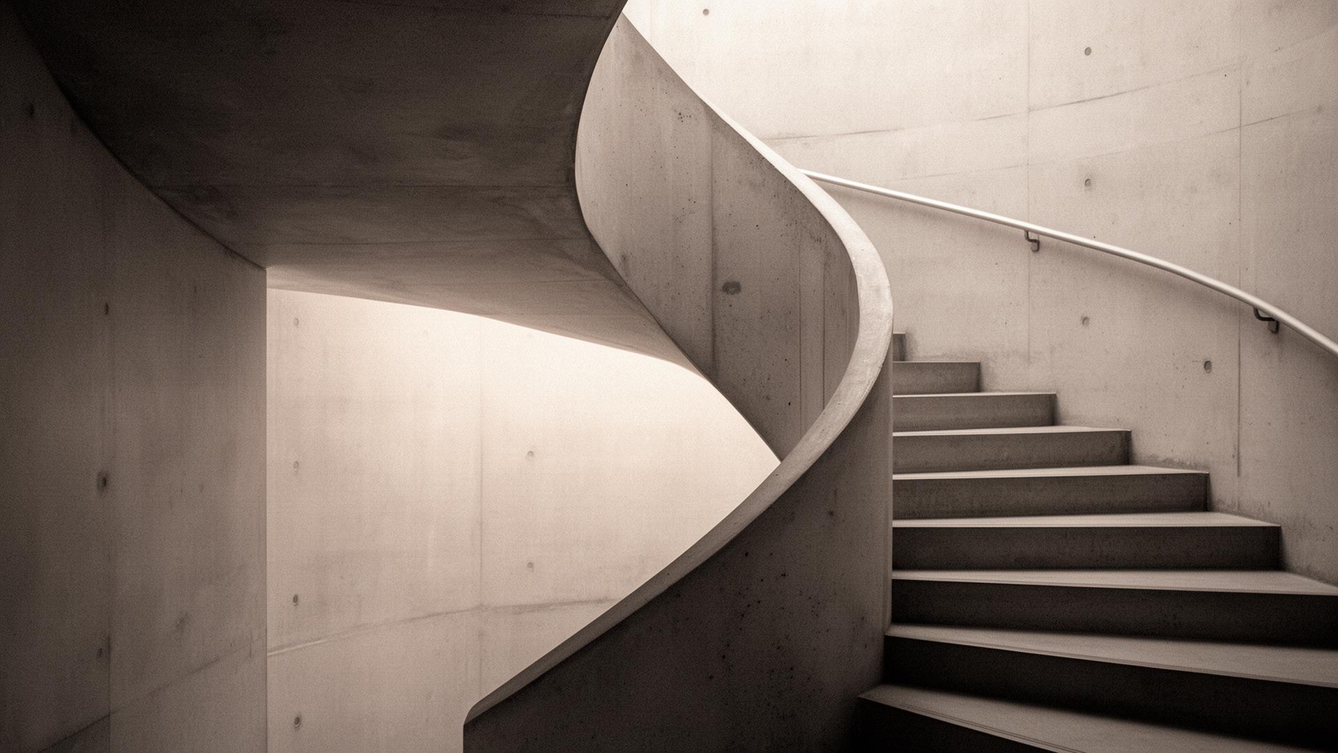 Escadaria espiral de concreto banhada por luz natural — arquitetura silenciosa